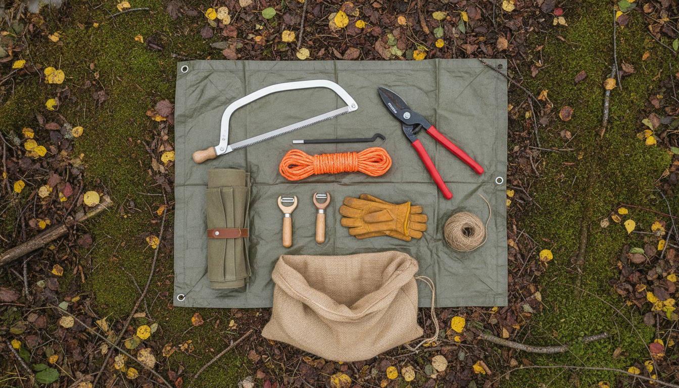 Forest school tools on a tarpaulin