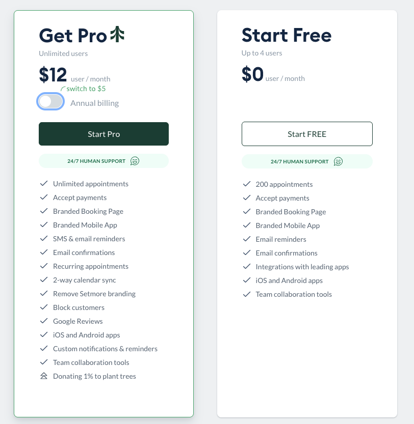 Setmore pricing, from $12 per user per month