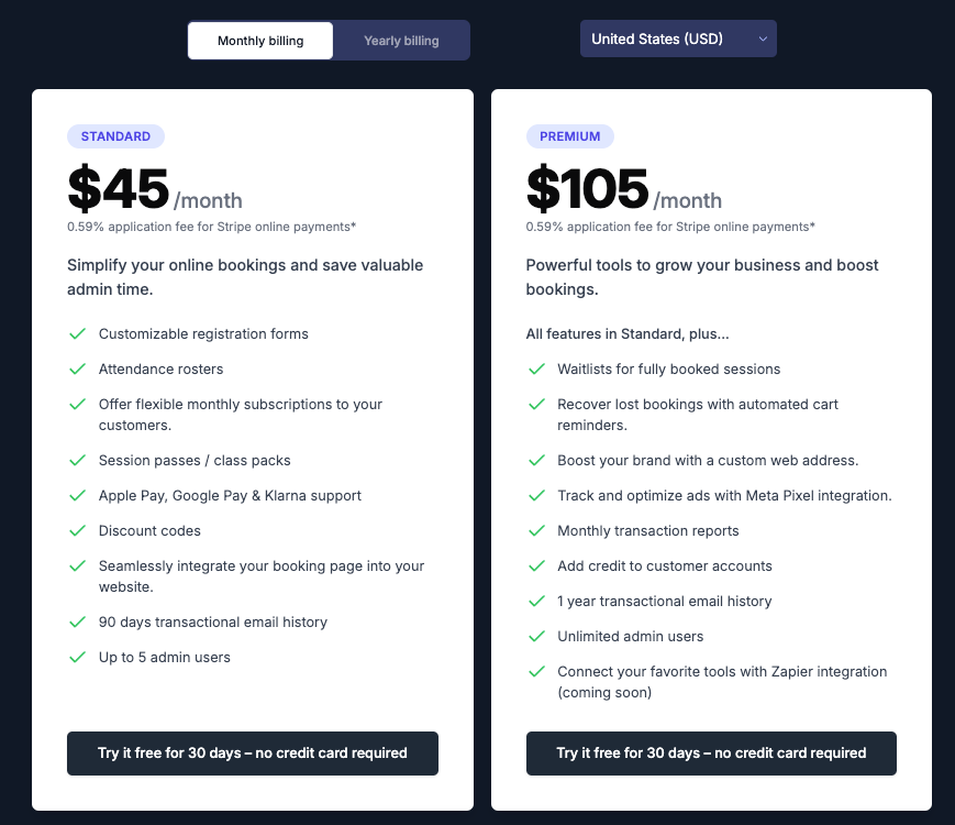 Pembee pricing page showing the Standard plan at $45 per month and the Premium plan at $105 per month, both with a 30-day free trial