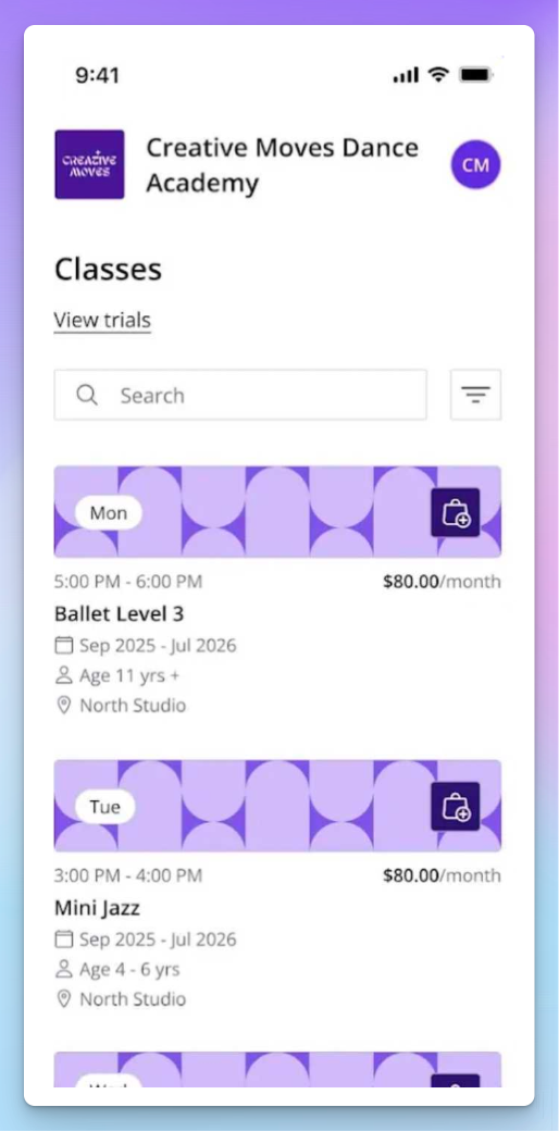 Class Manager branded parent app showing a dance academy's logo and weekly class list on a phone