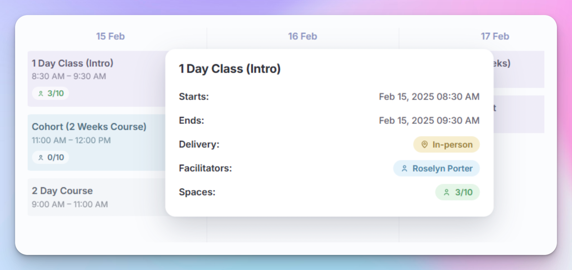 Arlo course calendar showing one-day and multi-week courses with delivery format, facilitator, and spaces remaining