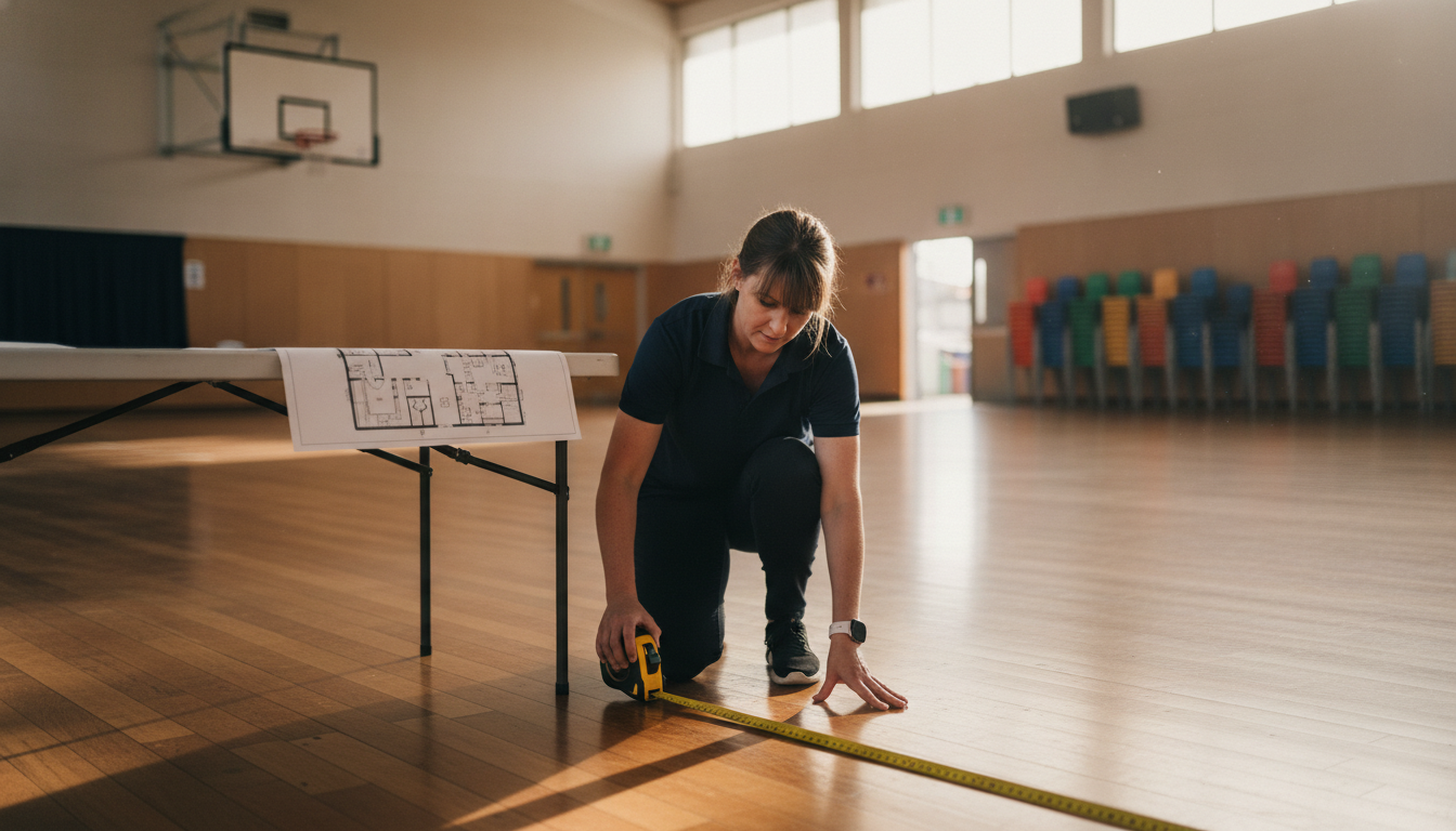 OSHC coordinator checking a floor plan against an empty school hall