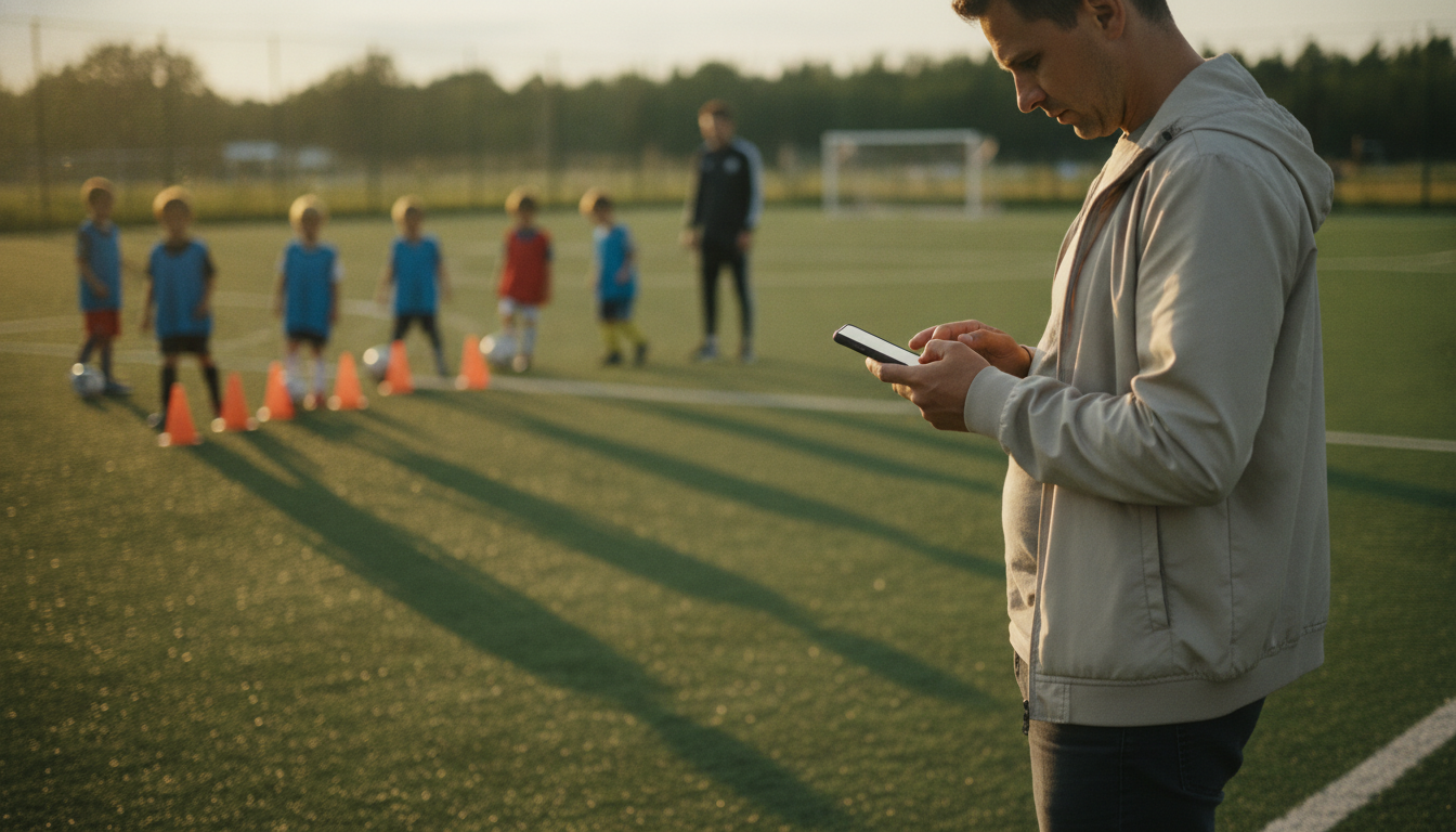 Parent signing up on their phone at the sideline of an evening soccer practice
