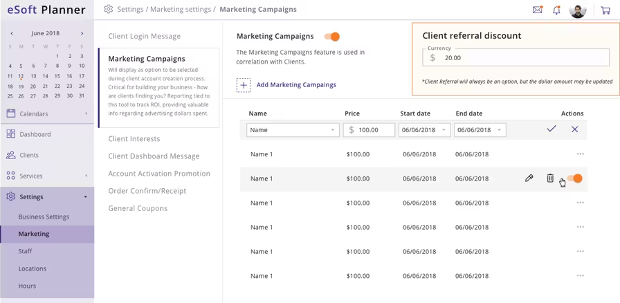 eSoft Planner marketing campaigns settings page showing client referral discount configuration and campaign pricing setup