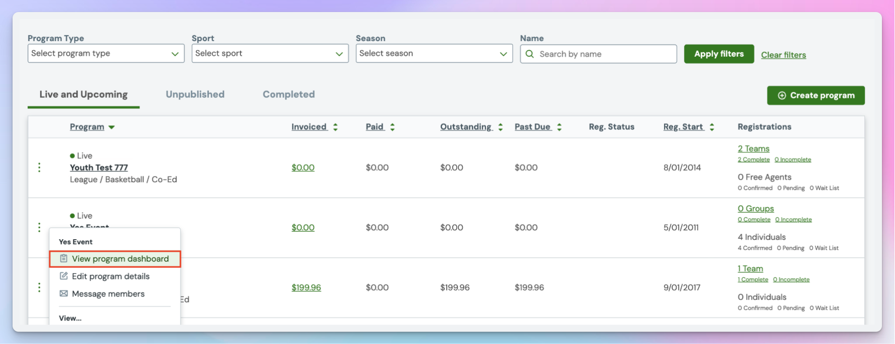 LeagueApps program dashboard listing live programs with invoiced, paid, outstanding, and past-due amounts alongside registration counts