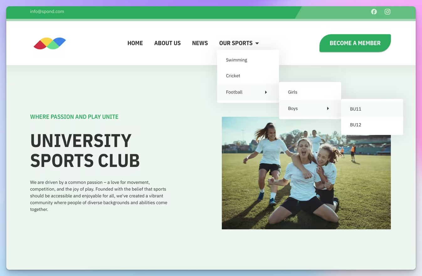 Spond demo club website for a sample sports club, showing news, squads, and a become-a-member button