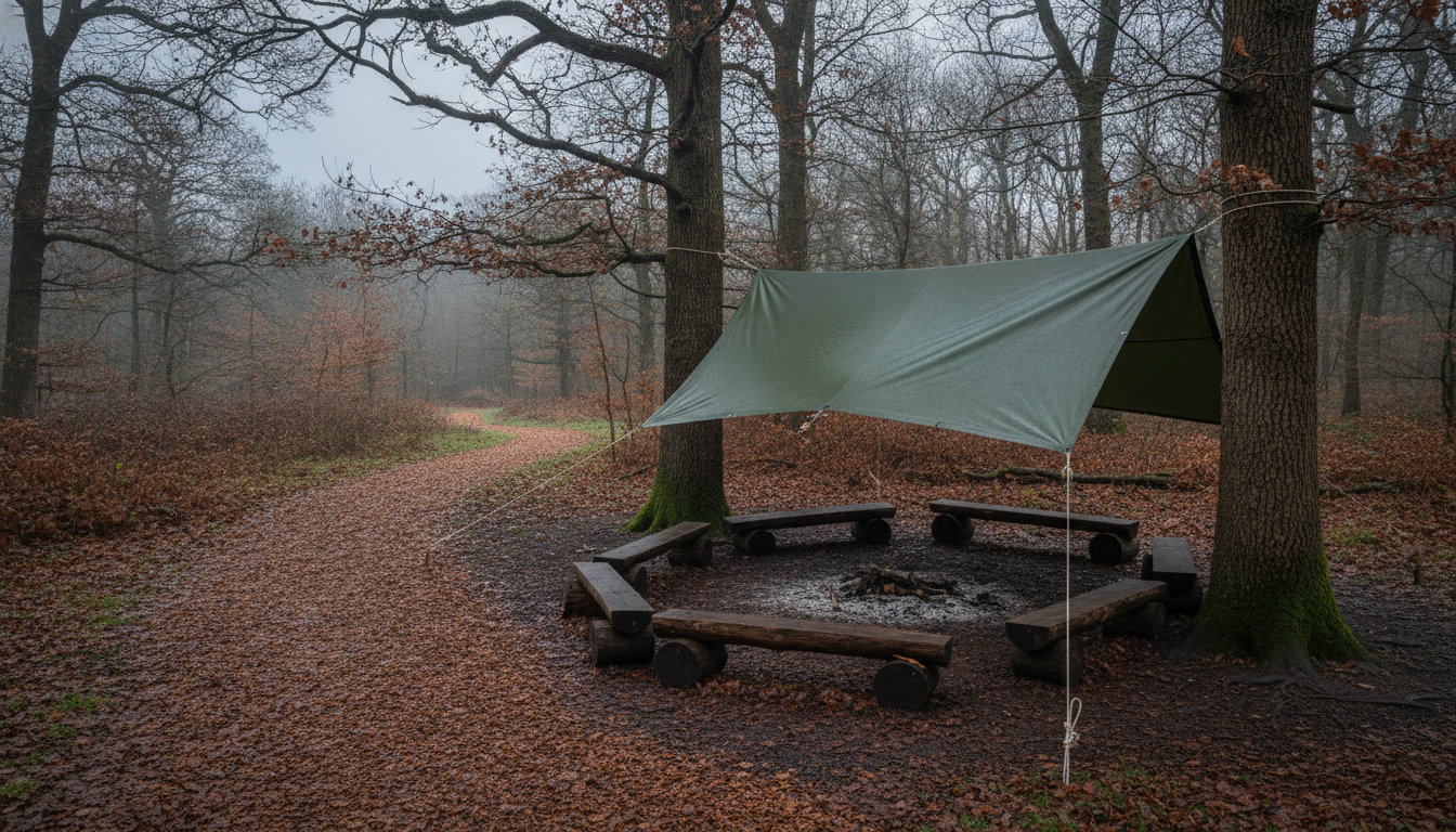 Tarp shelter in woodland