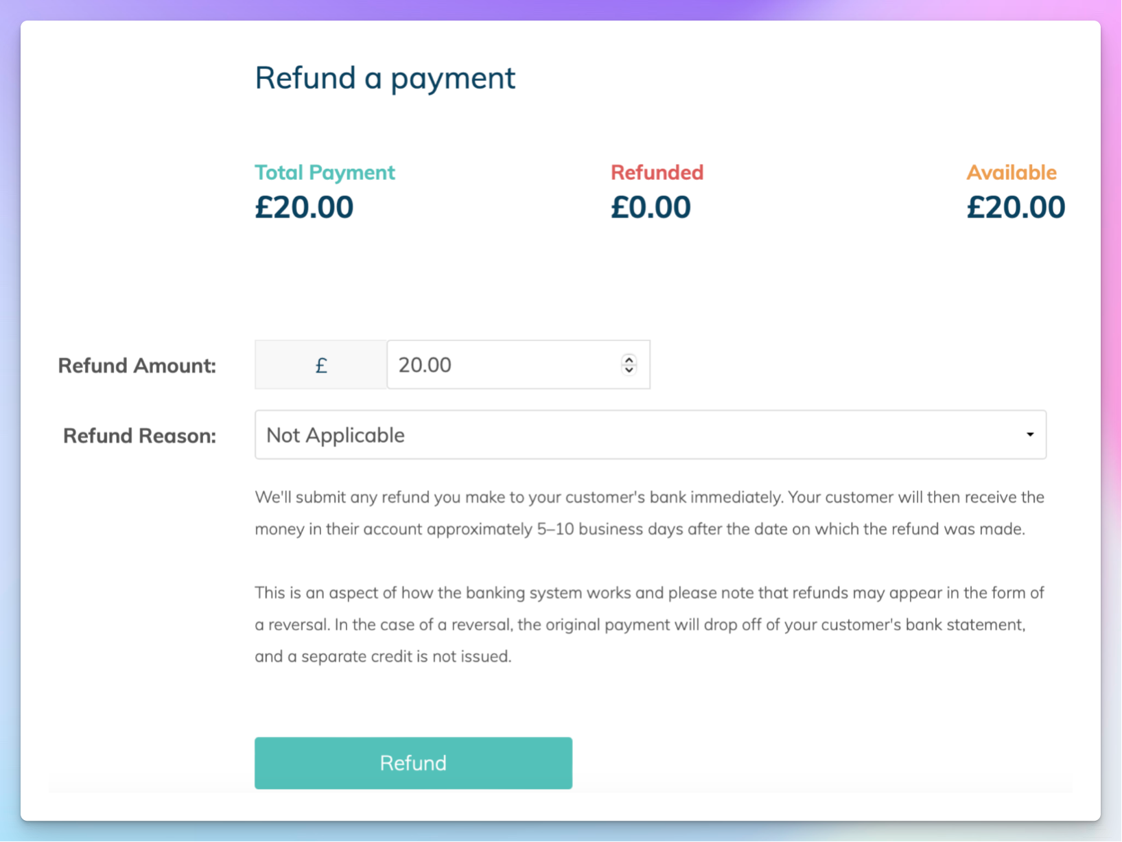ClassForKids refund screen processing a single £20 payment with a refund amount and reason field