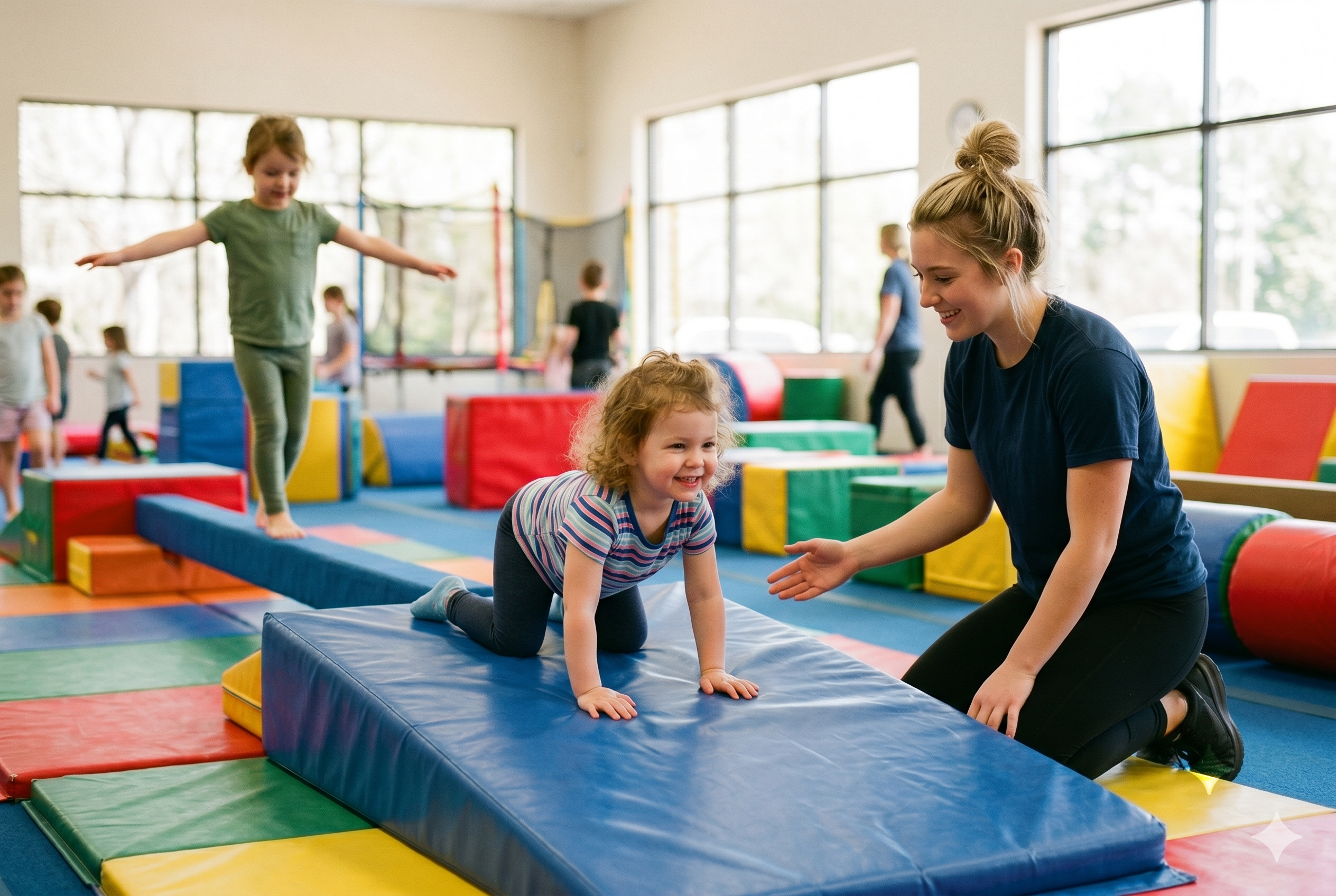 Toddler crawling up a soft wedge mat at a preschool gymnastics class while a coach kneels and encourages her, with another child balancing on a low beam behind