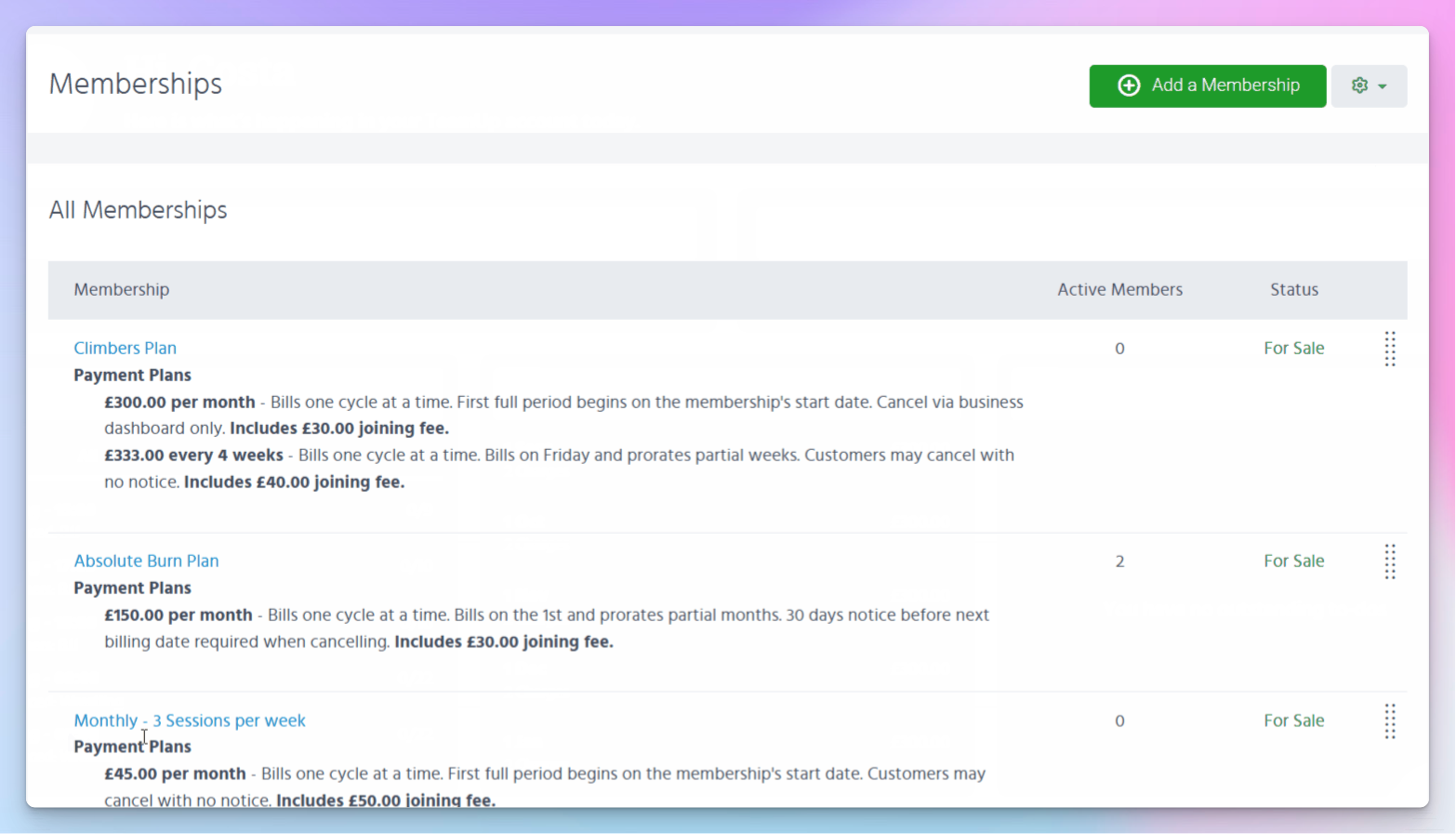 TeamUp memberships screen listing plans with recurring monthly billing, proration, and joining fees