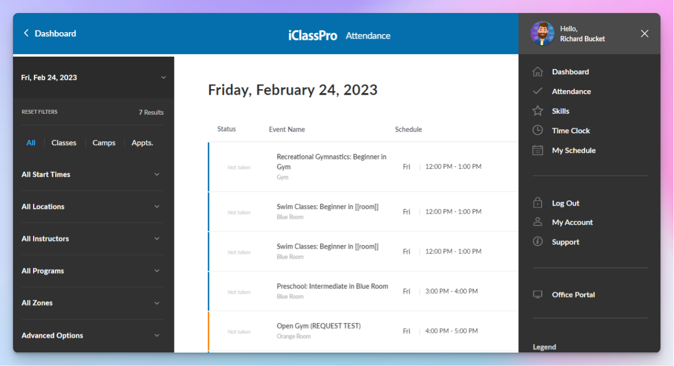 iClassPro attendance view showing a day of gymnastics, swim, and preschool classes with schedule and location filters