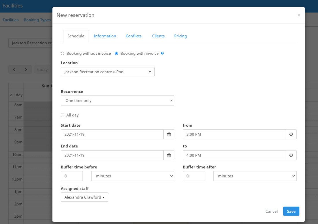 Amilia facility booking interface showing new pool reservation form with location, recurrence, date, time, and staff assignment fields
