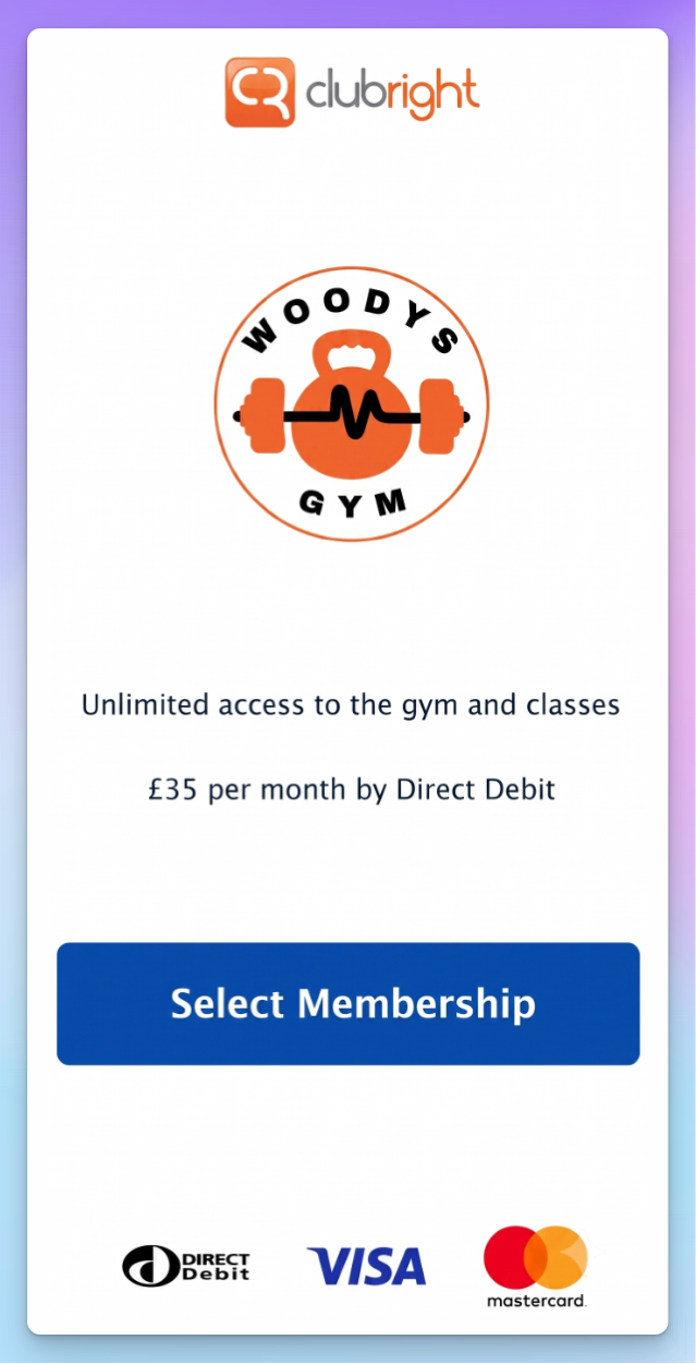 ClubRight branded member app for a gym showing a £35 per month direct-debit membership with a select membership button