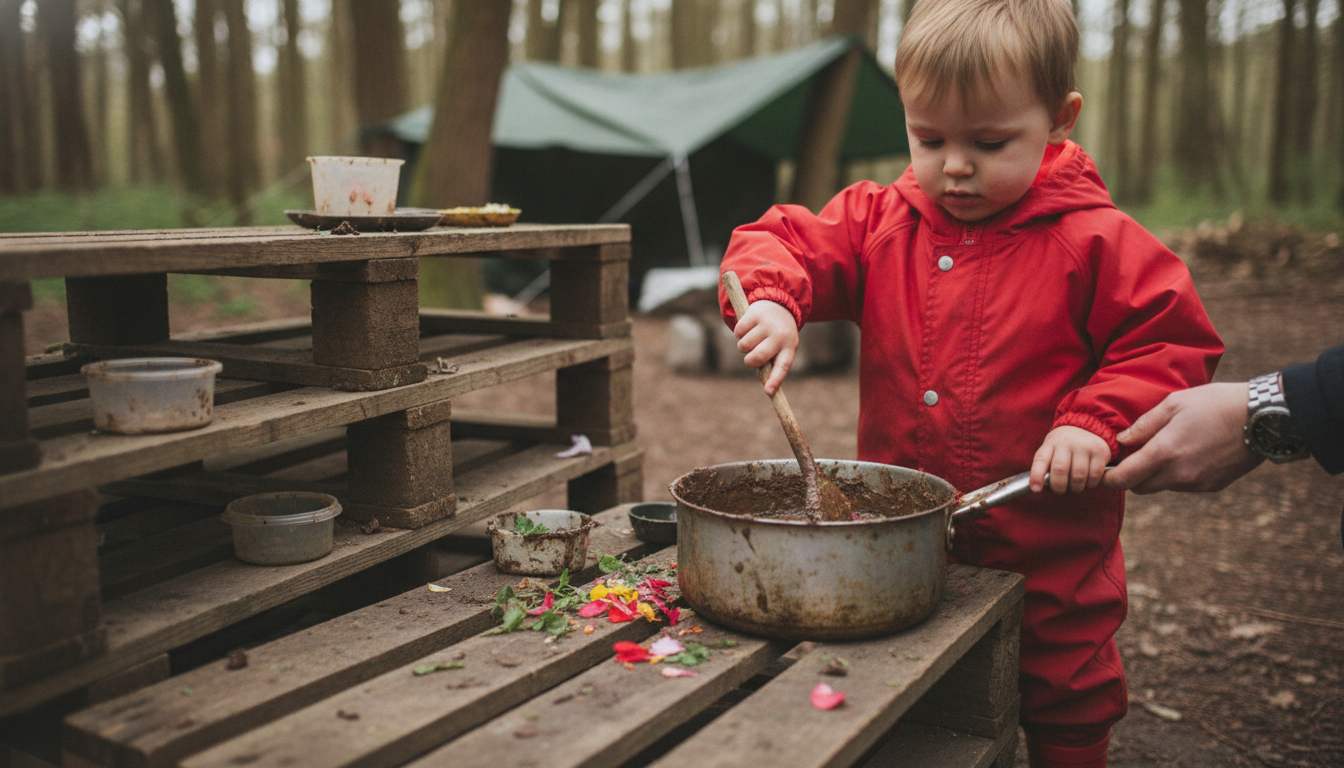 Toddler at a mud kitchen
