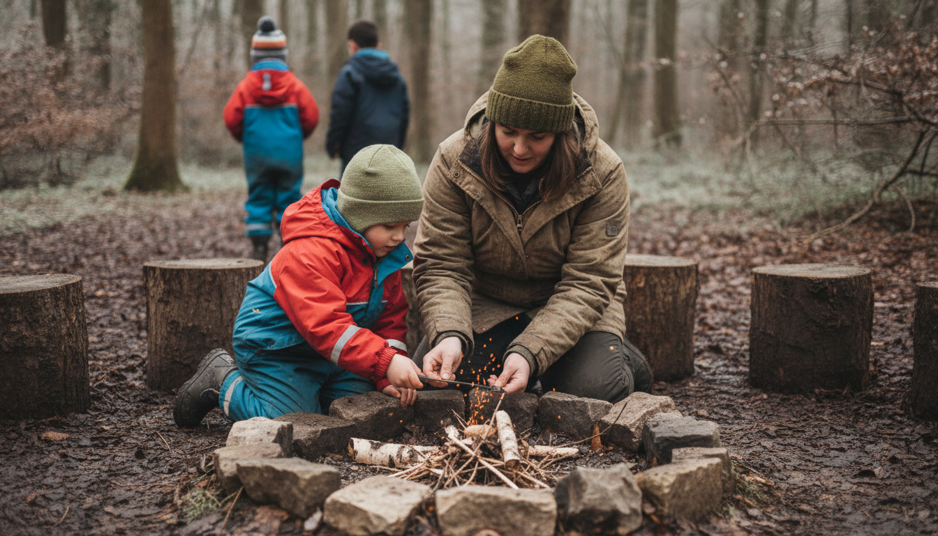 Leader teaching fire lighting