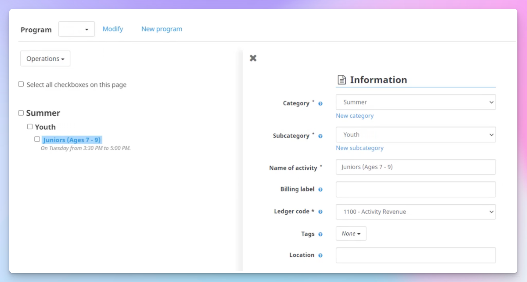 Amilia SmartRec activity setup showing a summer youth program organized by category and subcategory