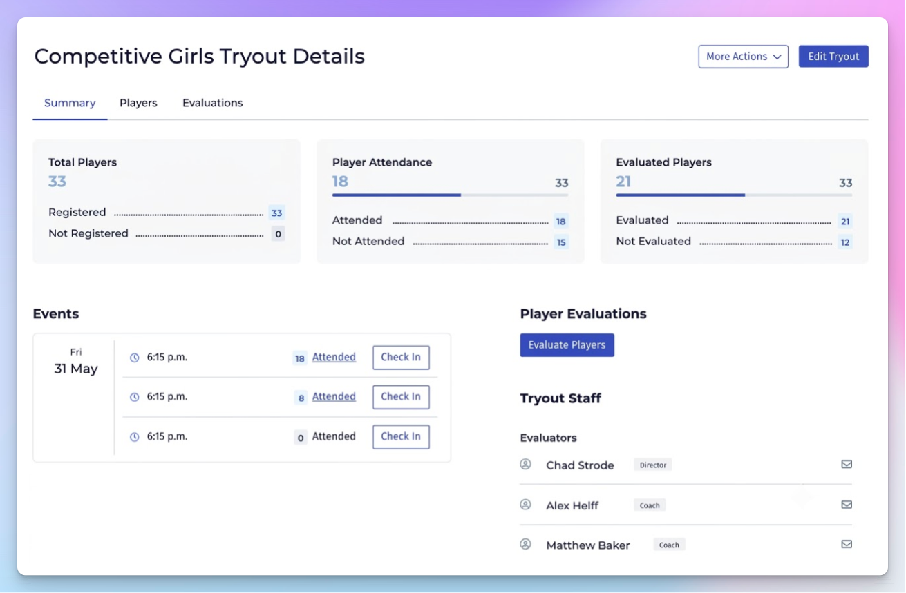 PlayMetrics tryout details screen showing player attendance, evaluation progress, check-in sessions, and the evaluator staff list