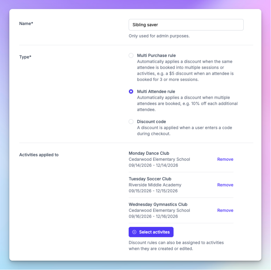 Pembee discount setup showing a sibling saver rule with multi-purchase, multi-attendee, and discount code options applied to three clubs