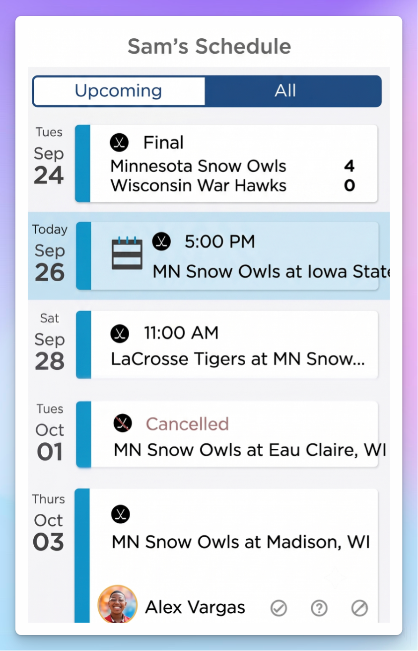 SportsEngine mobile app showing a player's schedule with upcoming games, a final score, and RSVP options