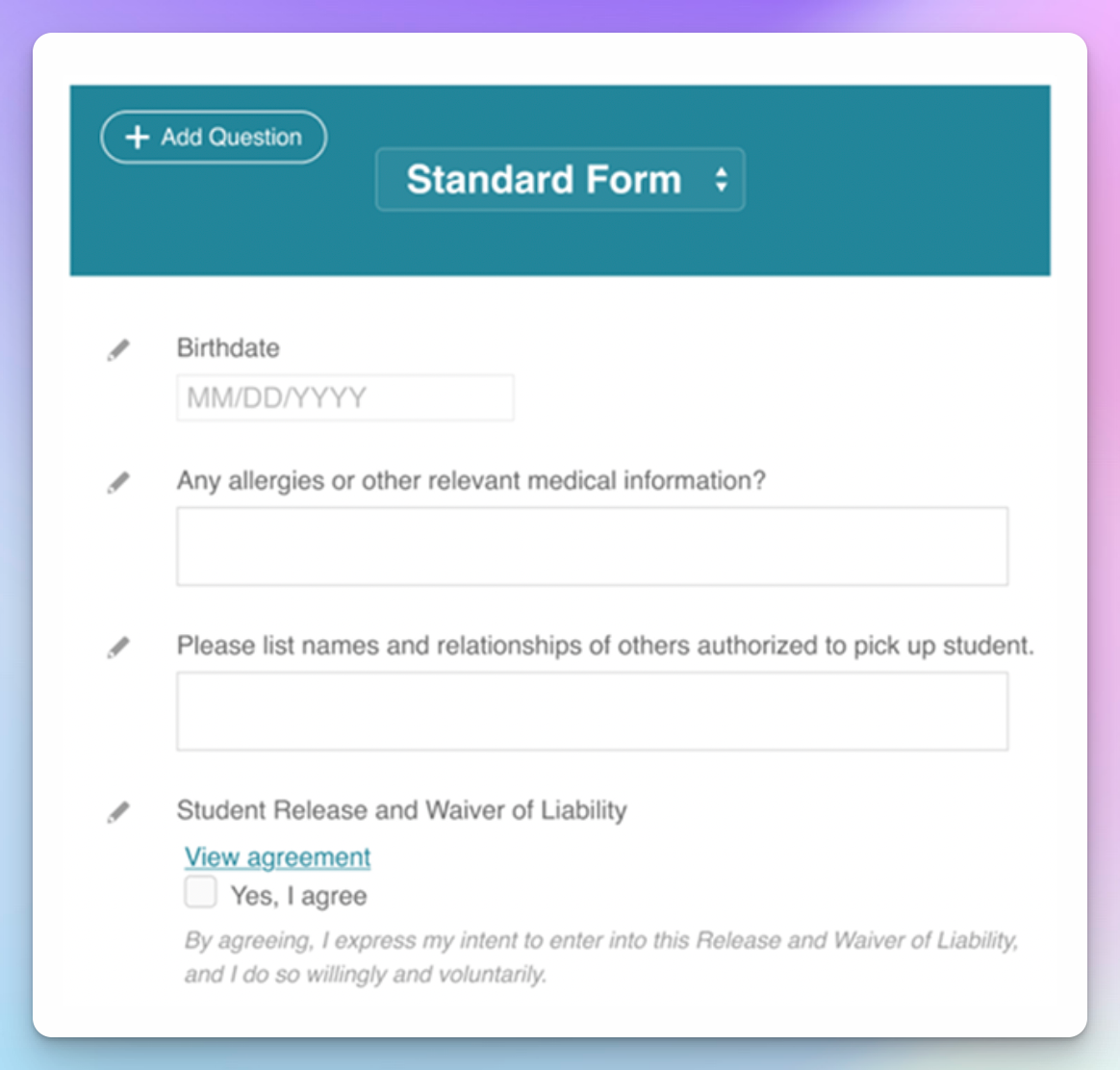 CourseStorm standard registration form editor with birthdate, allergy, authorized pickup and liability waiver questions