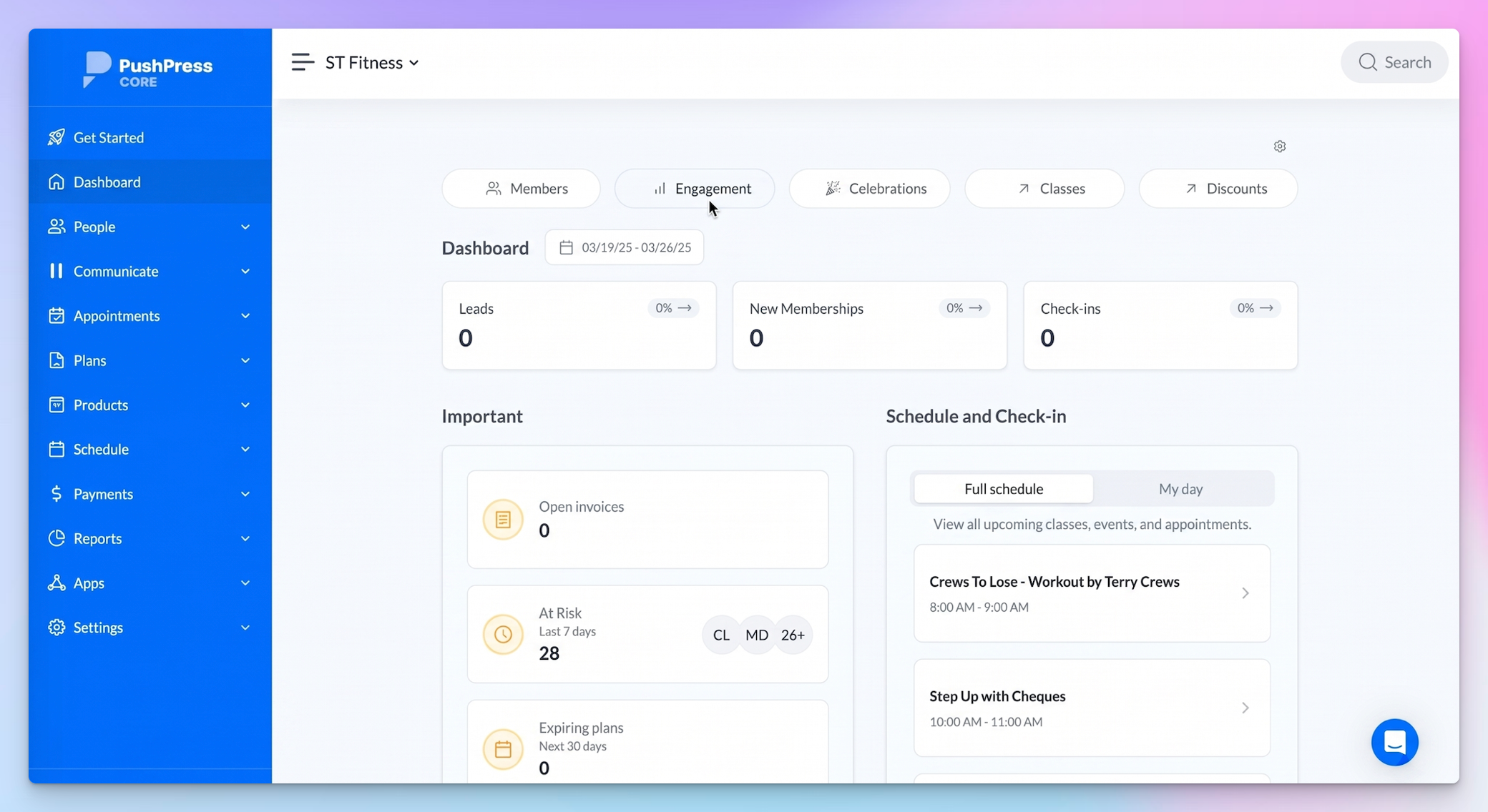 PushPress dashboard with leads, new memberships, check-ins and the day's schedule