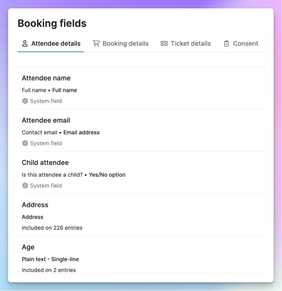 Bookwhen booking fields setup with tabs for attendee details, booking details, ticket details, and consent