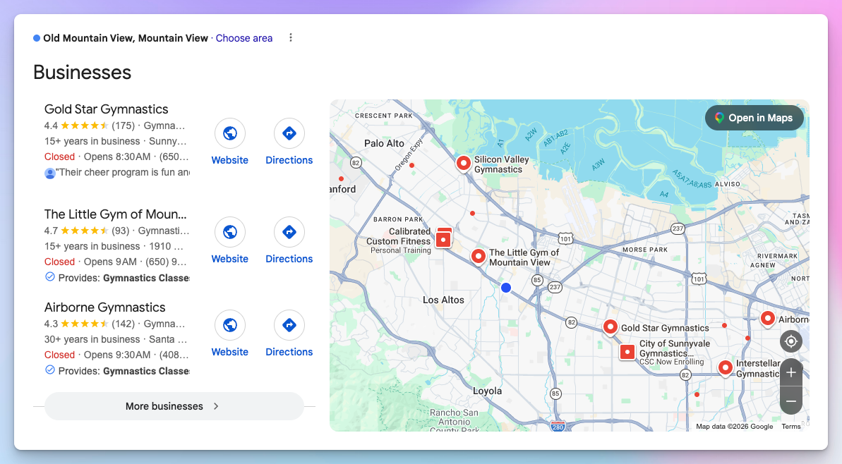 Google local results for gymnastics classes