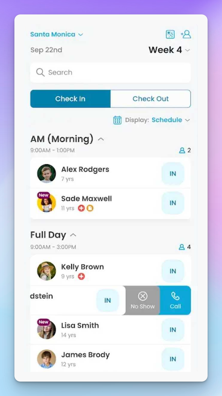 FunJoin staff app check-in screen listing campers by morning and full-day group, with medical alert icons and check-in buttons