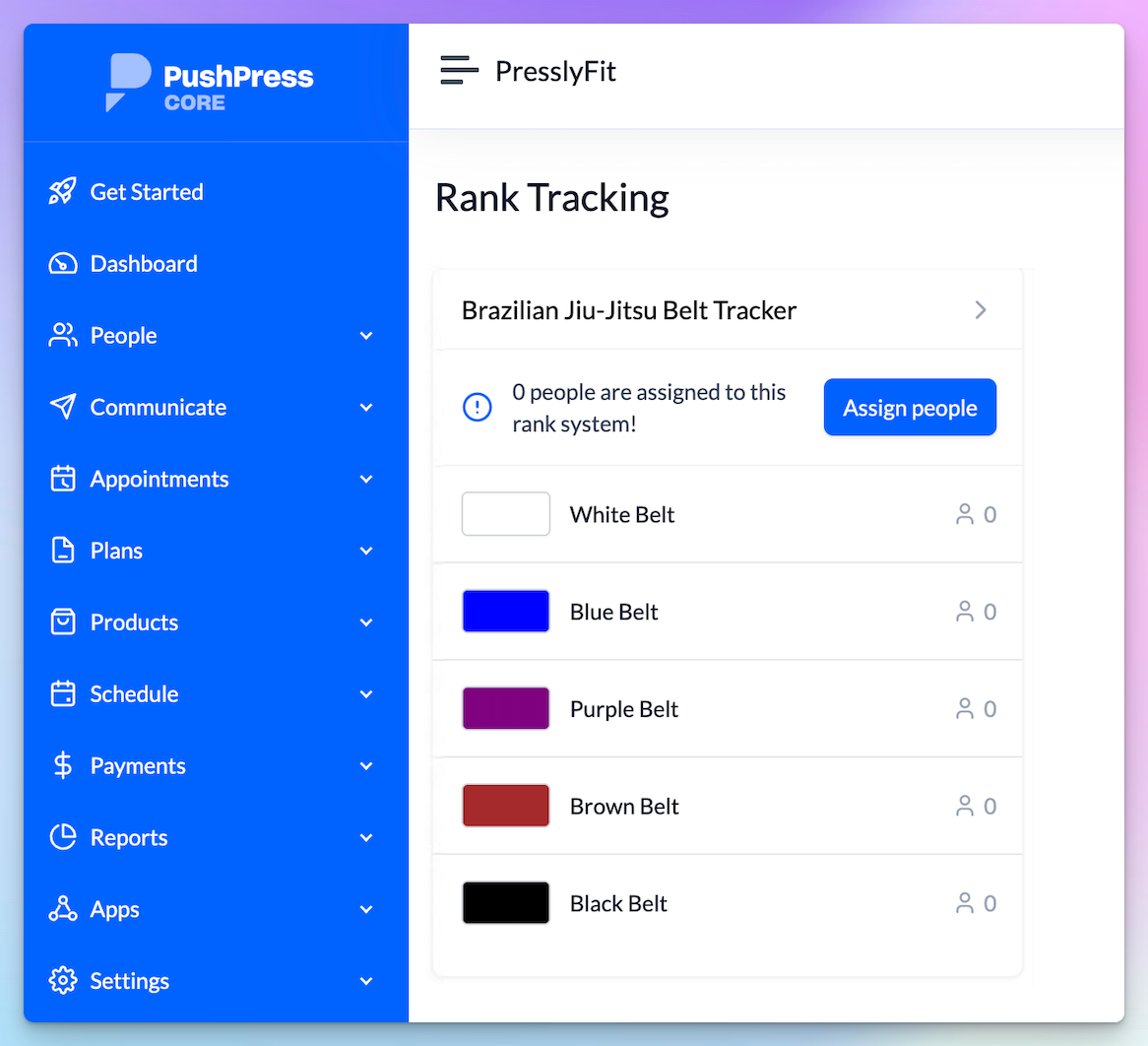 PushPress rank tracking screen with a Brazilian Jiu-Jitsu belt tracker from white to black belt