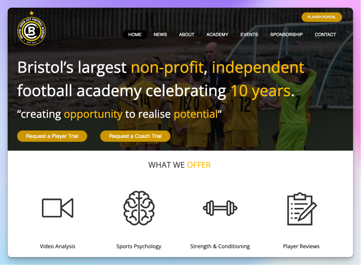 Bristol Inner City Football Academy homepage, describing it as Bristol's largest non-profit independent football academy