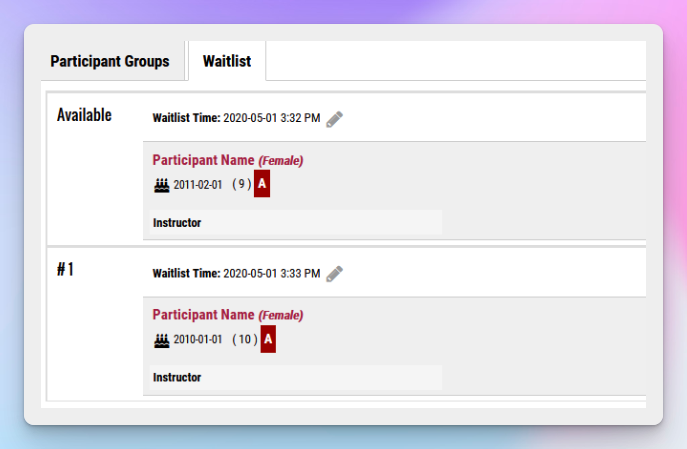 Uplifter waitlist showing queued participants with timestamps and queue positions