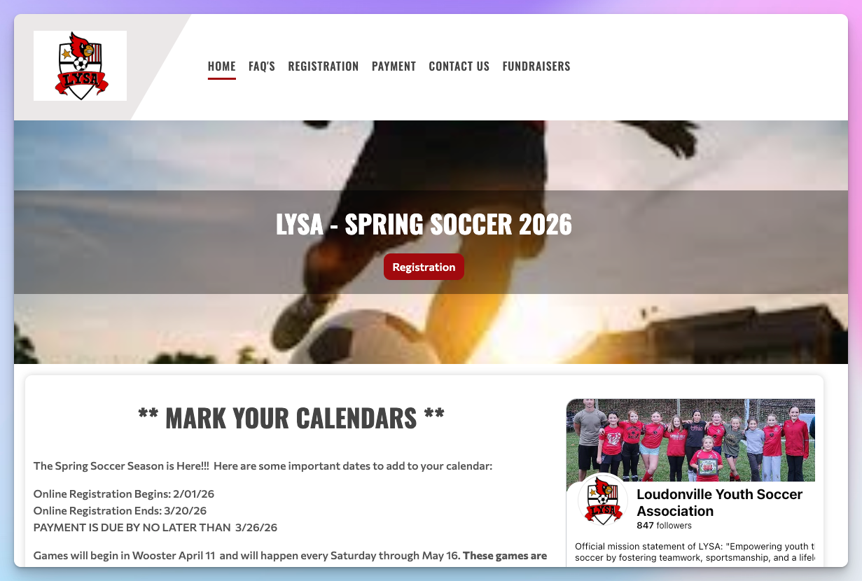 TeamLinkt association website for Loudonville Youth Soccer Association promoting Spring 2026 soccer registration