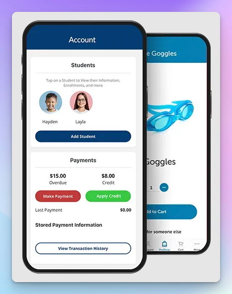 iClassPro mobile parent portal showing student profiles, payments due, and the pro shop