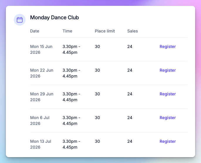 Pembee class view for Monday Dance Club, listing each weekly term session with its time, place limit of 30, and 24 enrollments