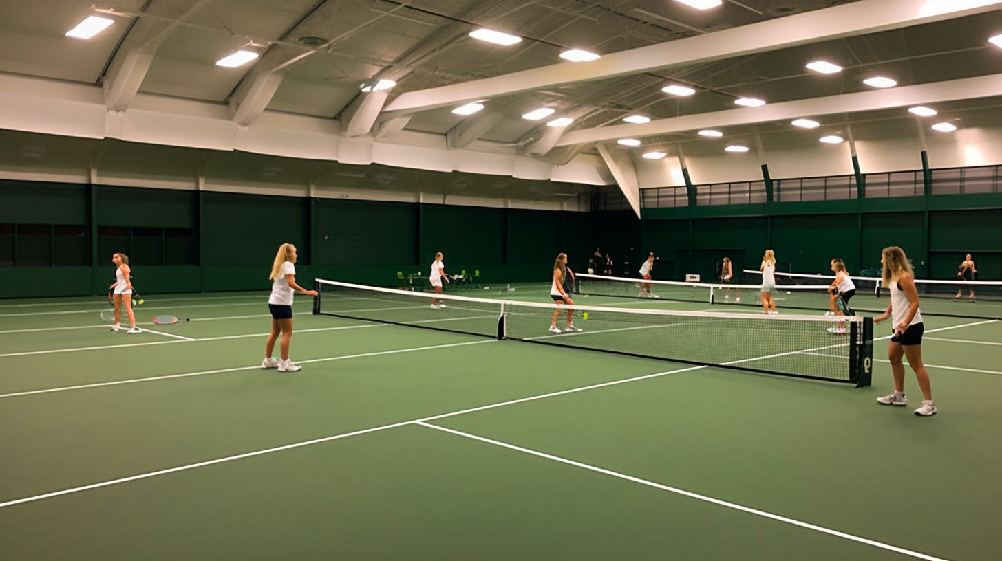 a group tennis class doing drills