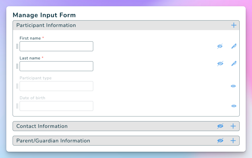 Jumbula registration form builder showing customizable participant, contact, and parent information fields