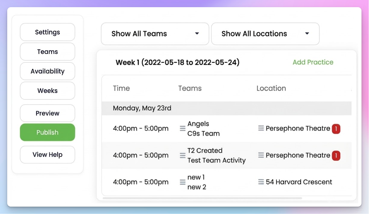 TeamLinkt schedule builder showing a week of sessions with teams, times, and locations, with a publish button in the sidebar