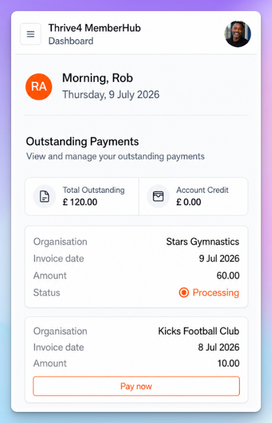 Thrive4 MemberHub dashboard showing a member's outstanding payments across two clubs with a pay-now button