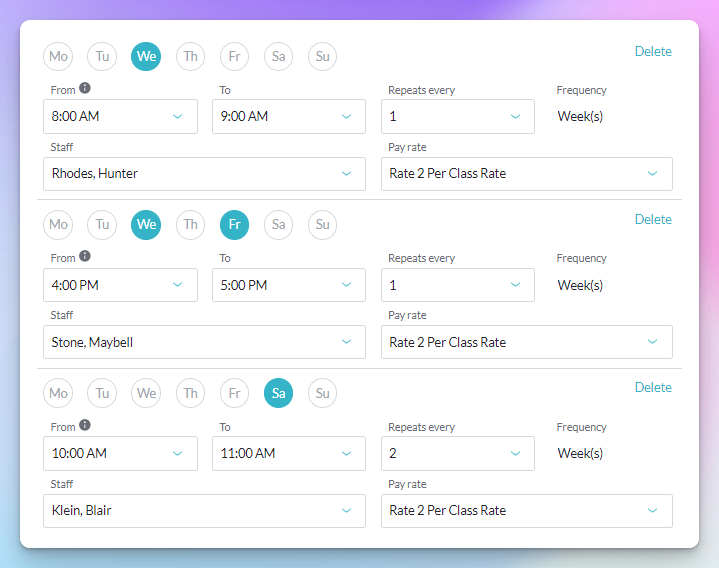 Mindbody recurring class setup, configuring days, times, repeat frequency, assigned staff, and per-class pay rates