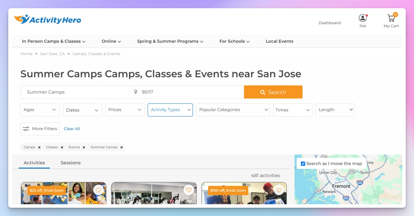 ActivityHero marketplace search results for summer camps near San Jose, showing 481 activities