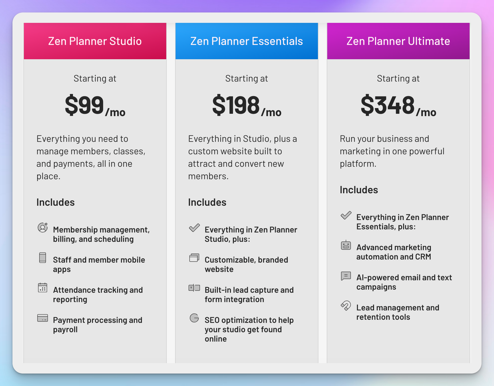 Zen Planner pricing page showing the Studio, Essentials and Ultimate plans
