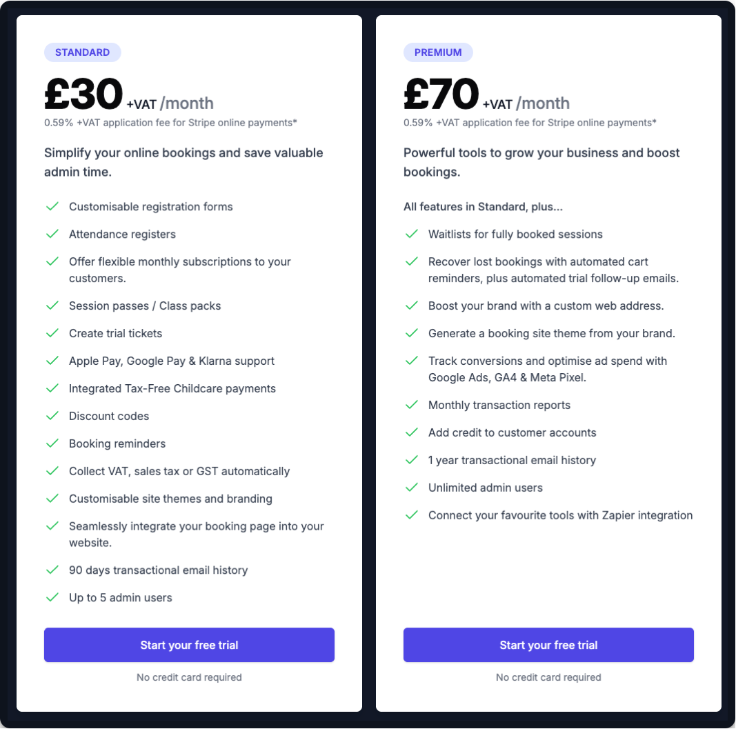 Pembee pricing plans showing Standard at £30 per month and Premium at £70 per month, both with a free trial and no credit card required