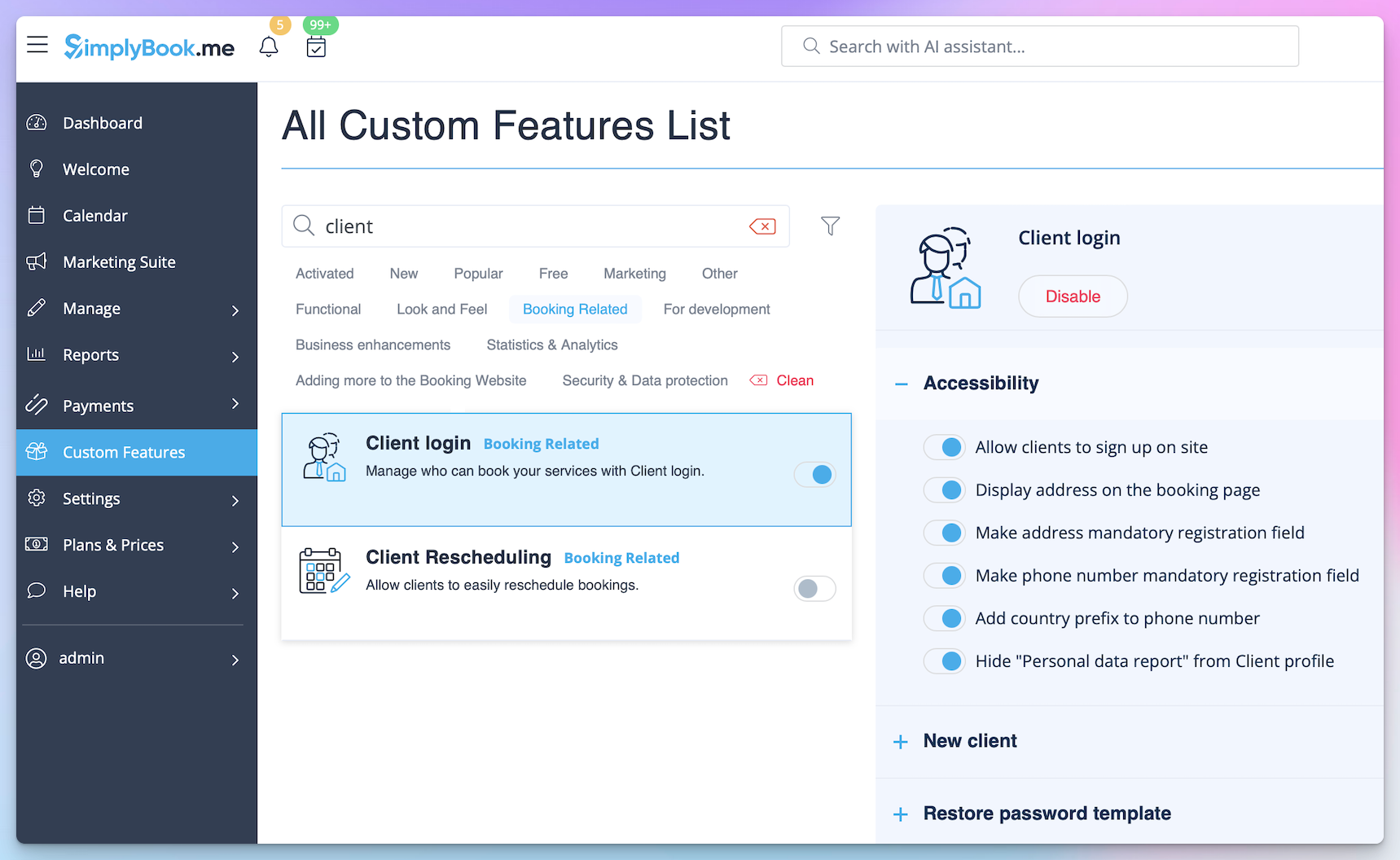 SimplyBook.me admin with the Client login feature enabled, showing accessibility and registration settings