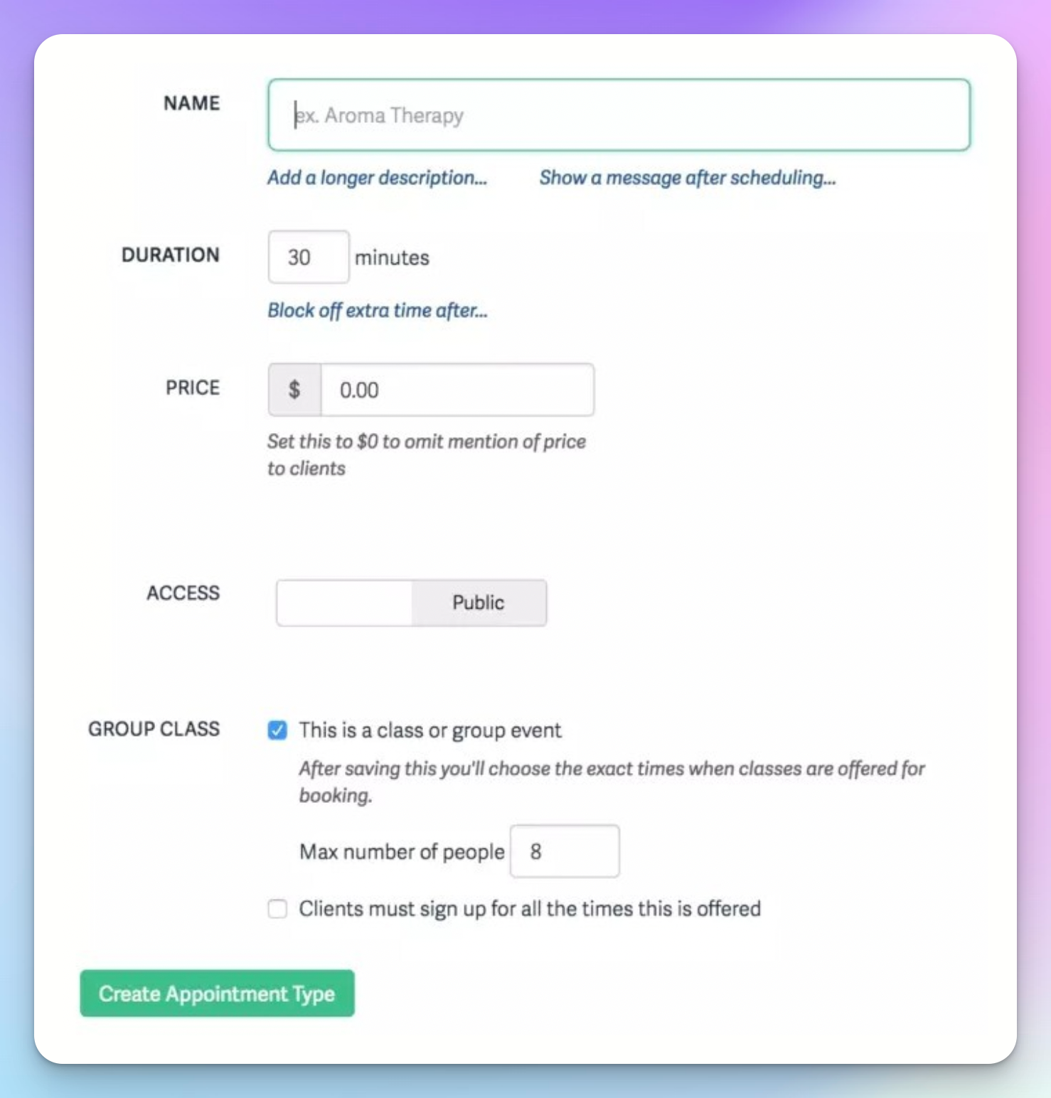 Acuity appointment type setup with the group class option ticked and a maximum number of people set