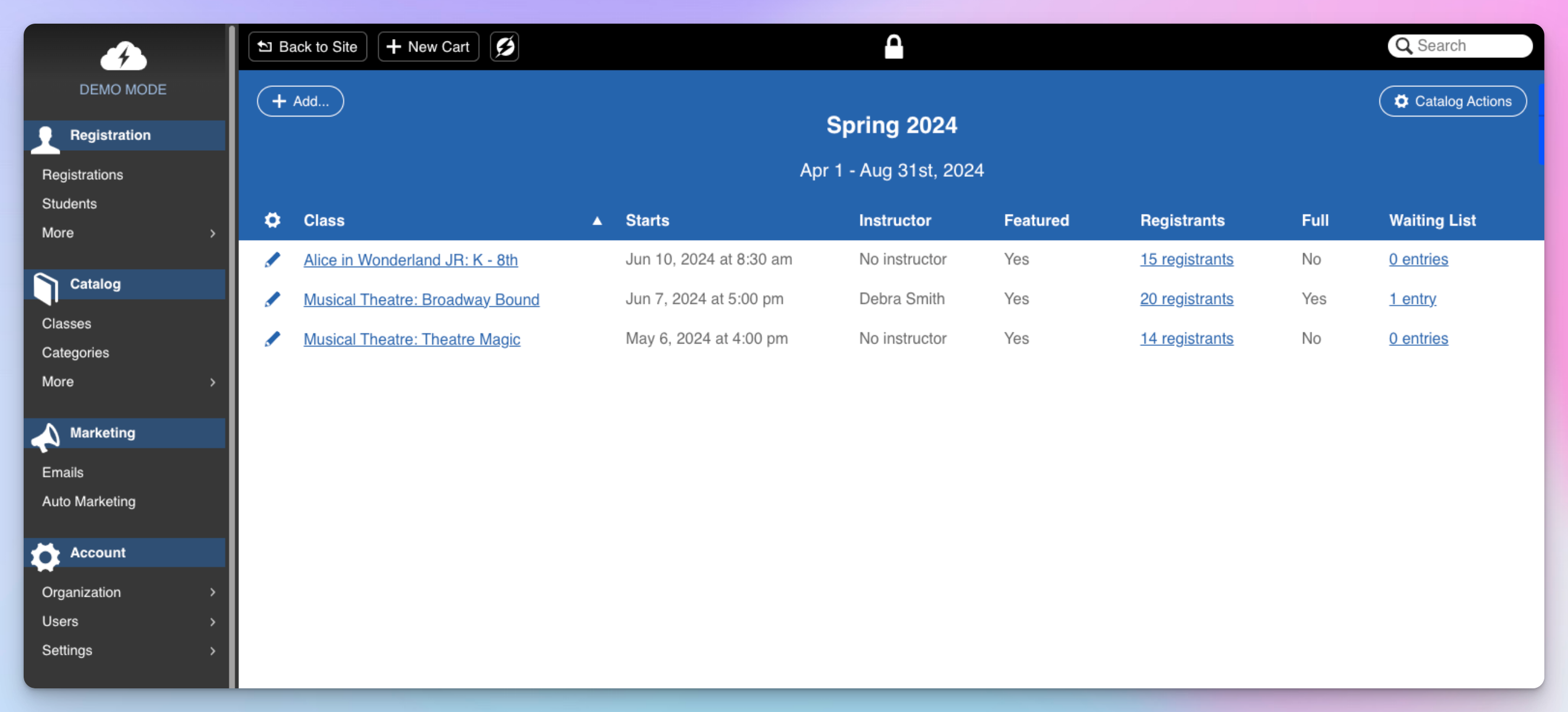 CourseStorm admin catalog for a spring term, listing classes with start dates, registrant counts and waiting list entries