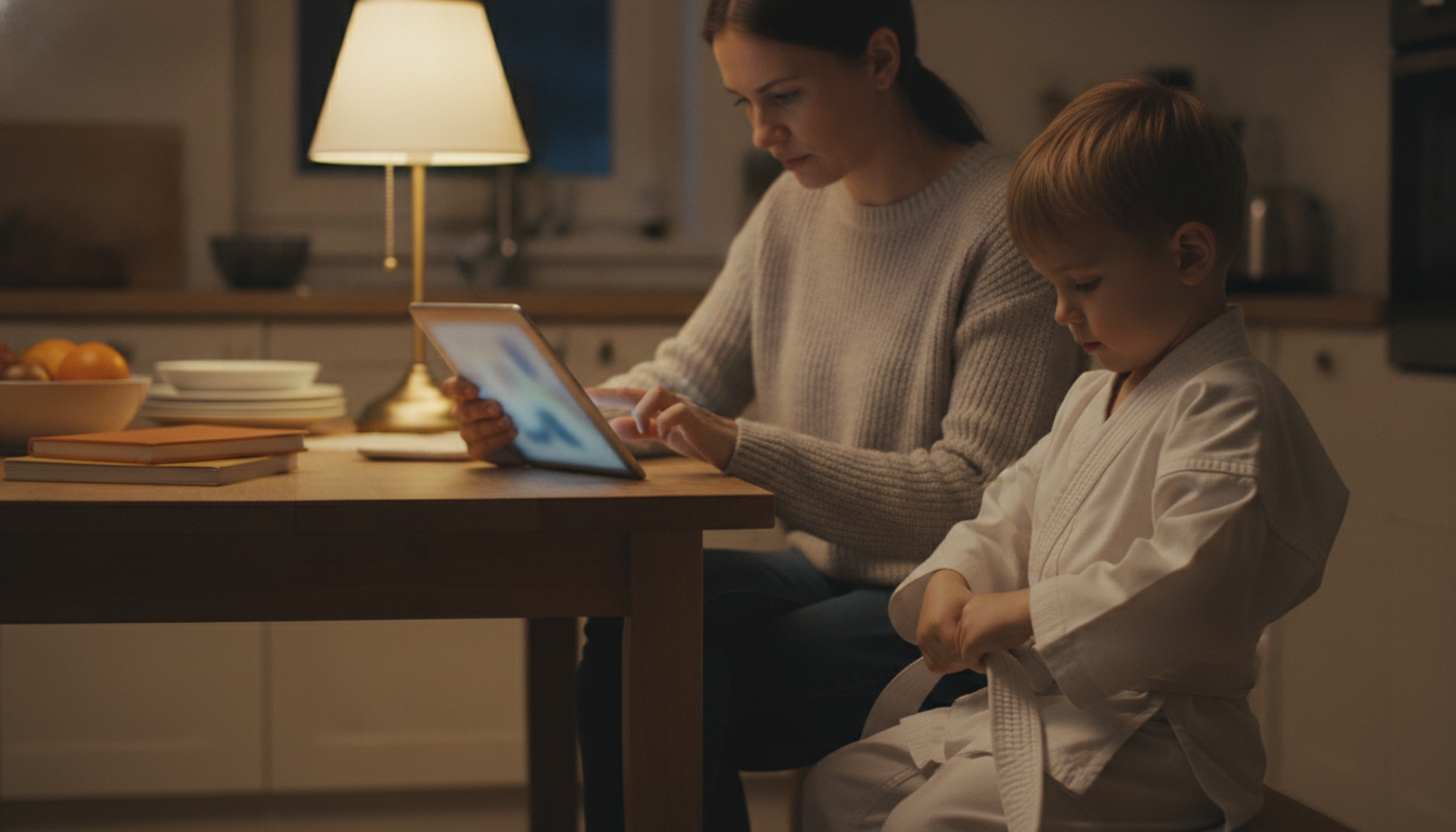 Parent completing a registration form at home
