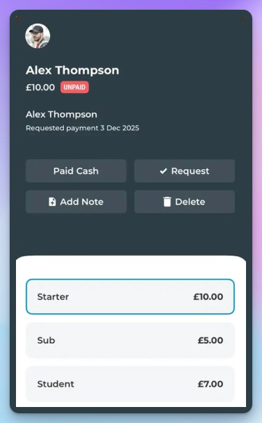 Pitchero match-fee collection showing an unpaid £10 fee for a player, with options to mark as paid in cash or request payment, and per-role fee rates