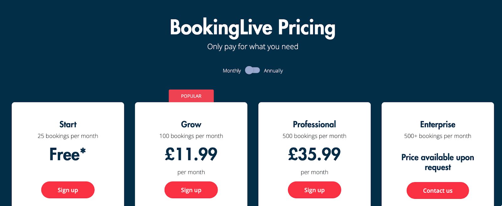 Bookinglive pricing, from £11.99 per month