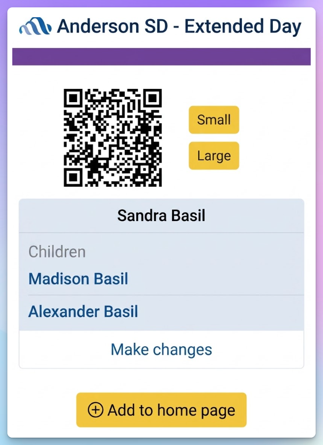 EZChildTrack family QR pass showing a parent's code and their children's names for touchless check-in