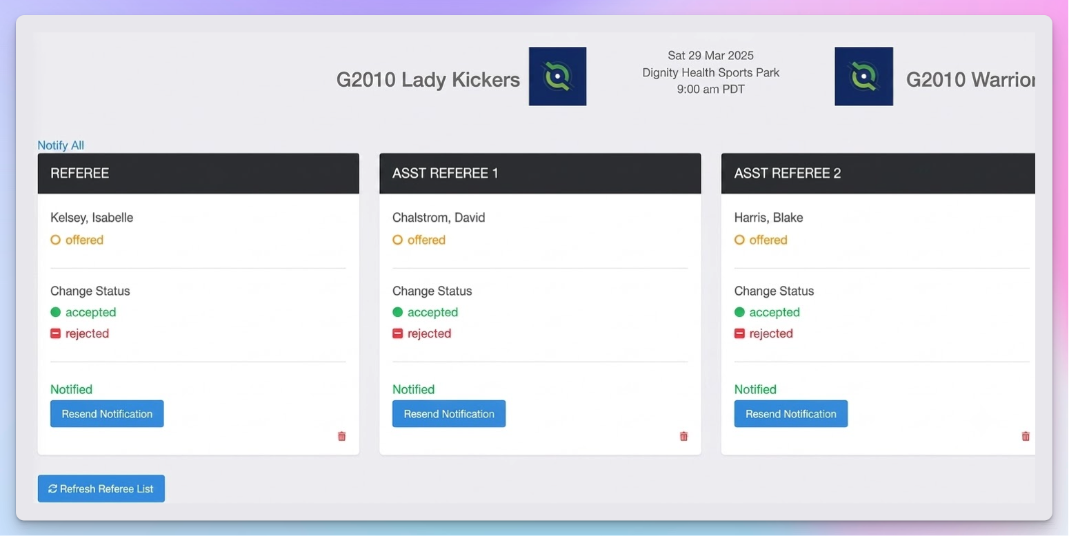 GotSport referee assignment screen showing a three-official crew for a match with offered, accepted, and rejected statuses